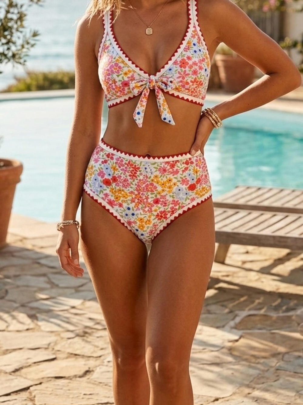 Zaful White Floral High-Waist Tie-Front Bikini with Red Trim
